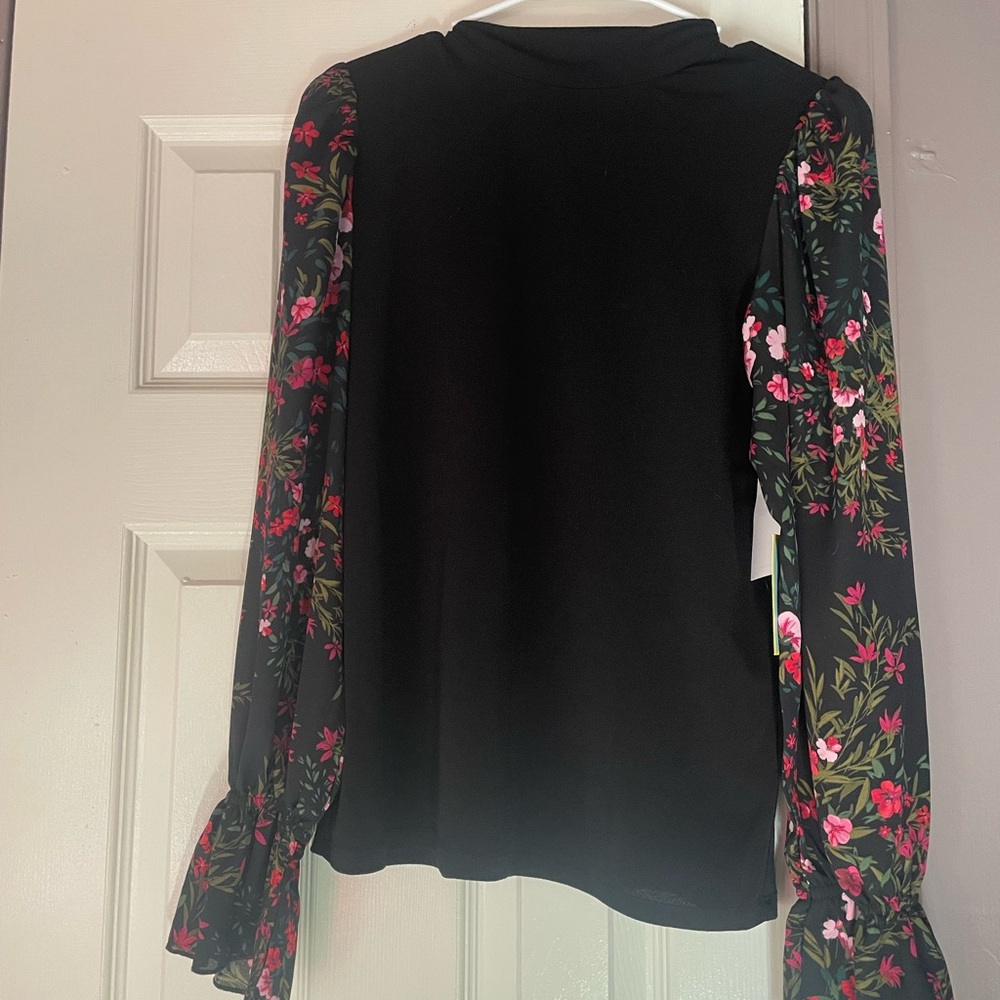 CeCe Black Top with Floral Sleeves